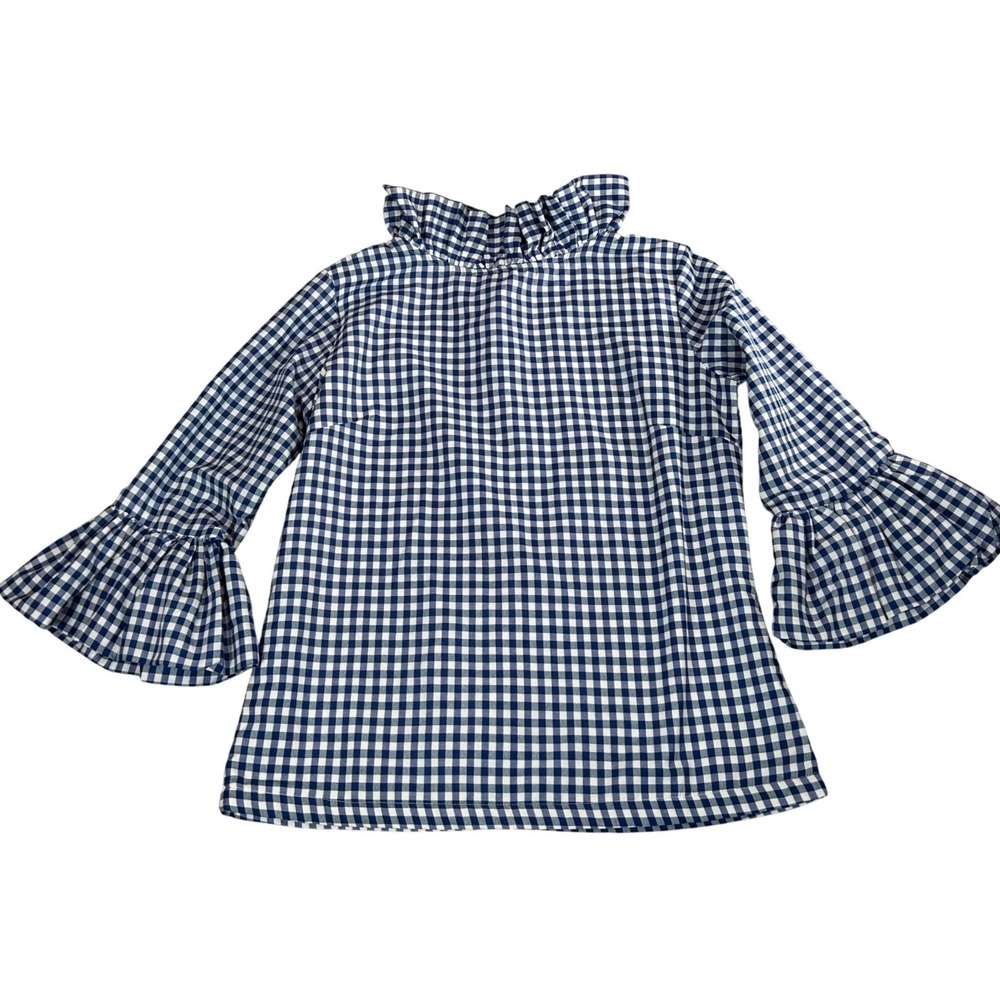 Elizabeth Wilson Blue Gingham Ruffle Neck Bell Sleeve Top Womens Medium M